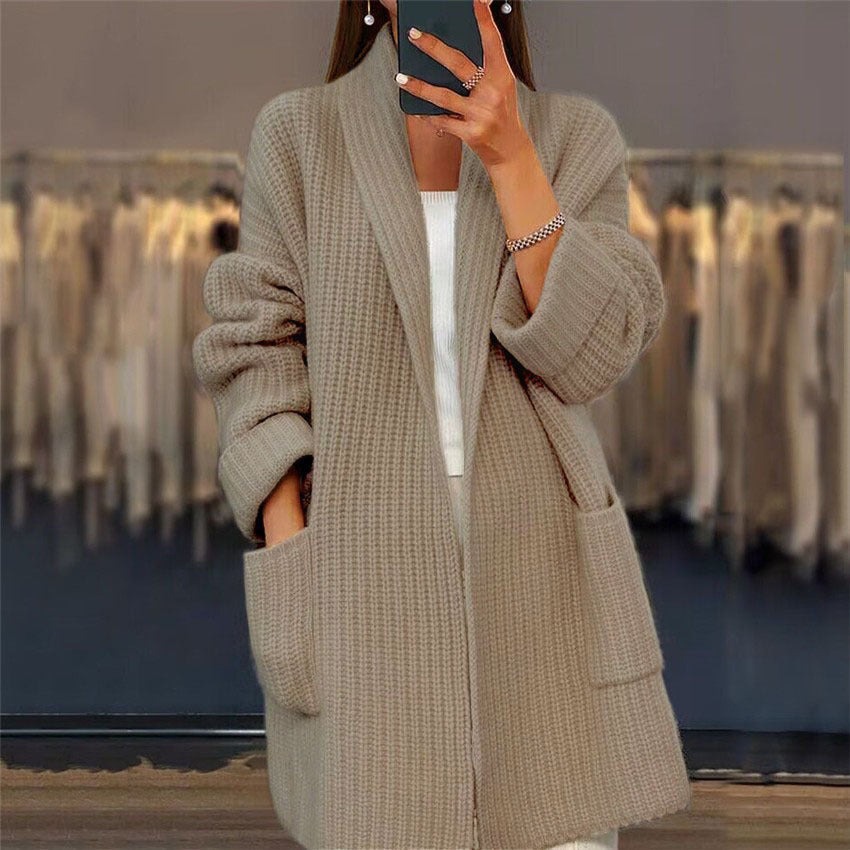 Lapel Knitted Cardigan with Pockets Fashion Casual Loose Sweater Jacket Fall Spring Women'S Clothing