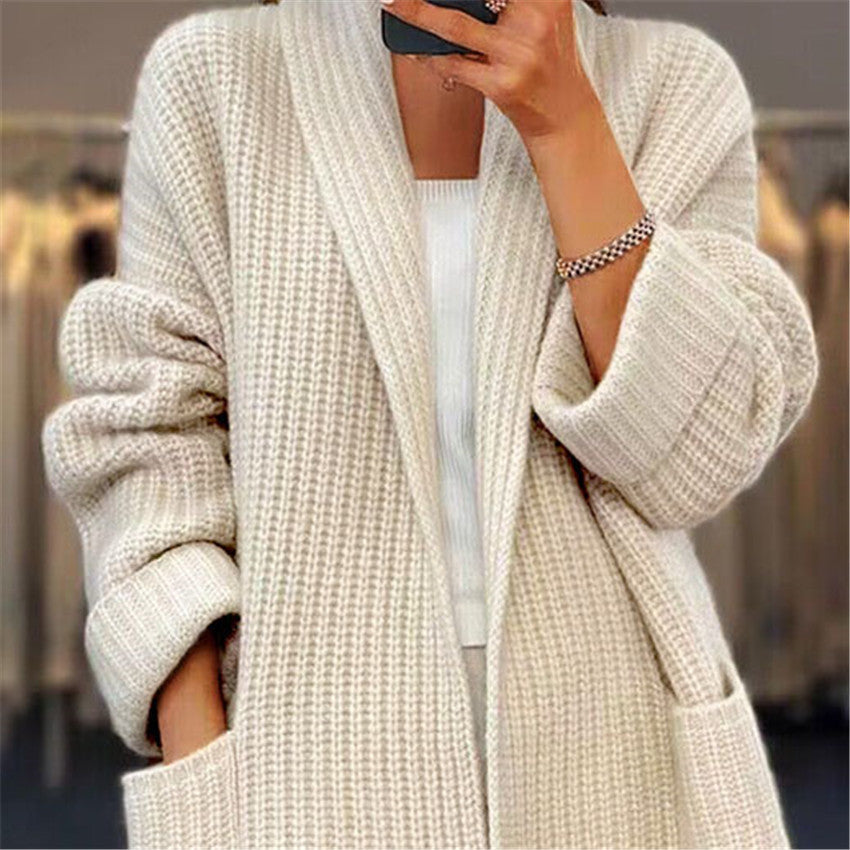 Lapel Knitted Cardigan with Pockets Fashion Casual Loose Sweater Jacket Fall Spring Women'S Clothing