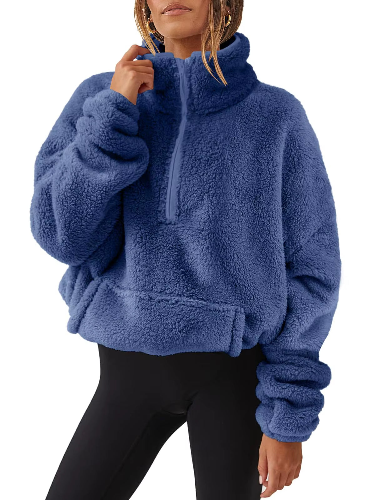 Women'S Autumn Winter Pullover Turtleneck Flocking Zipper Pockets Long Sleeve Hoodies Fashion Loose Office Lady Elegant Tops