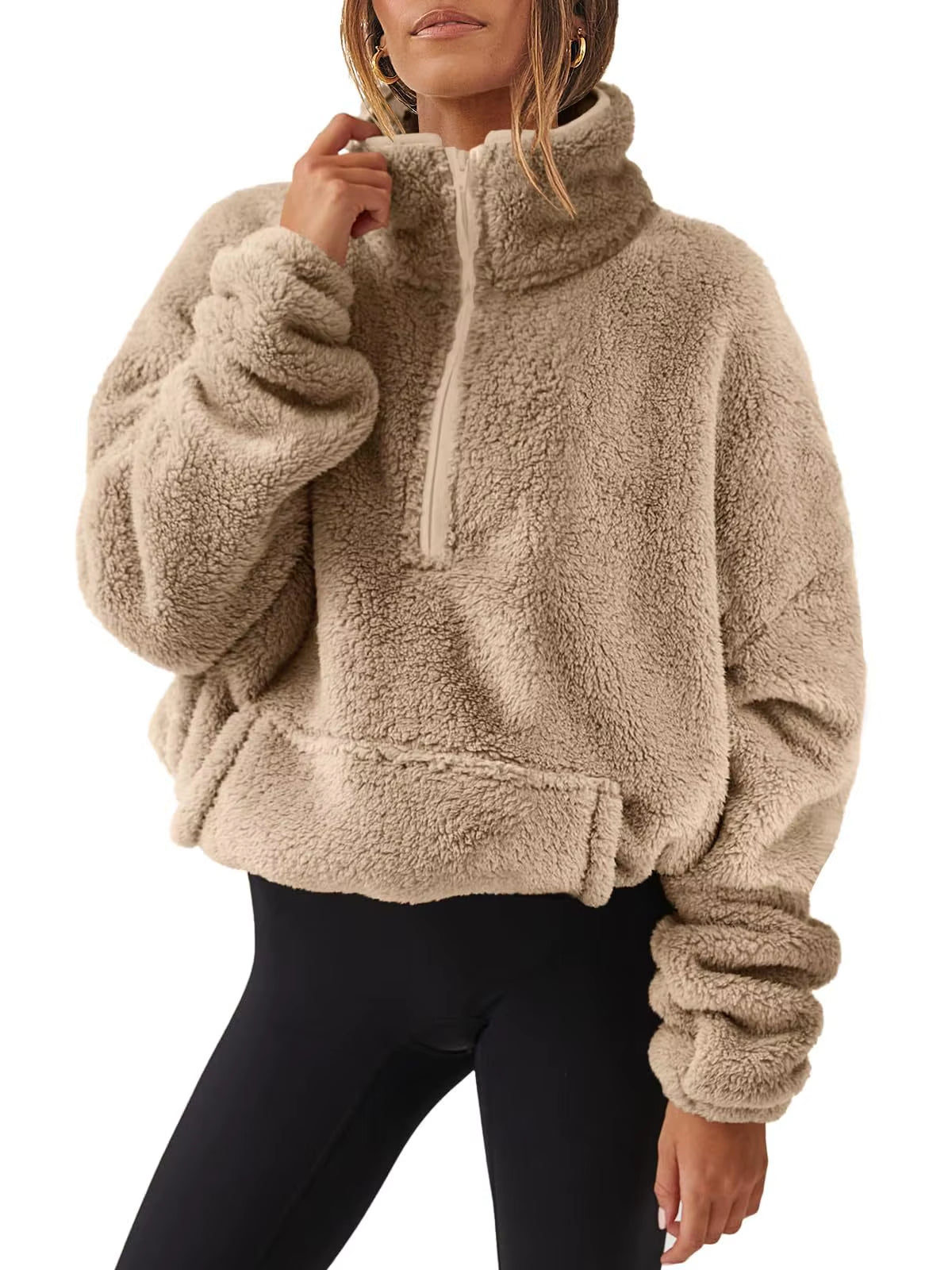 Women'S Autumn Winter Pullover Turtleneck Flocking Zipper Pockets Long Sleeve Hoodies Fashion Loose Office Lady Elegant Tops