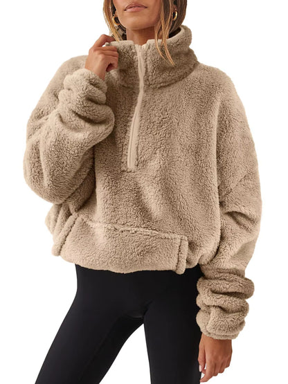 Women'S Autumn Winter Pullover Turtleneck Flocking Zipper Pockets Long Sleeve Hoodies Fashion Loose Office Lady Elegant Tops