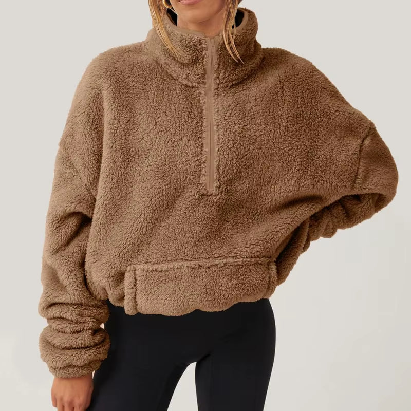 Women'S Autumn Winter Pullover Turtleneck Flocking Zipper Pockets Long Sleeve Hoodies Fashion Loose Office Lady Elegant Tops