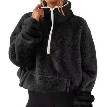 Women'S Autumn Winter Pullover Turtleneck Flocking Zipper Pockets Long Sleeve Hoodies Fashion Loose Office Lady Elegant Tops