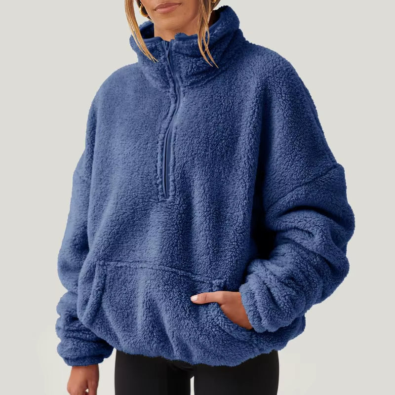 Women'S Autumn Winter Pullover Turtleneck Flocking Zipper Pockets Long Sleeve Hoodies Fashion Loose Office Lady Elegant Tops