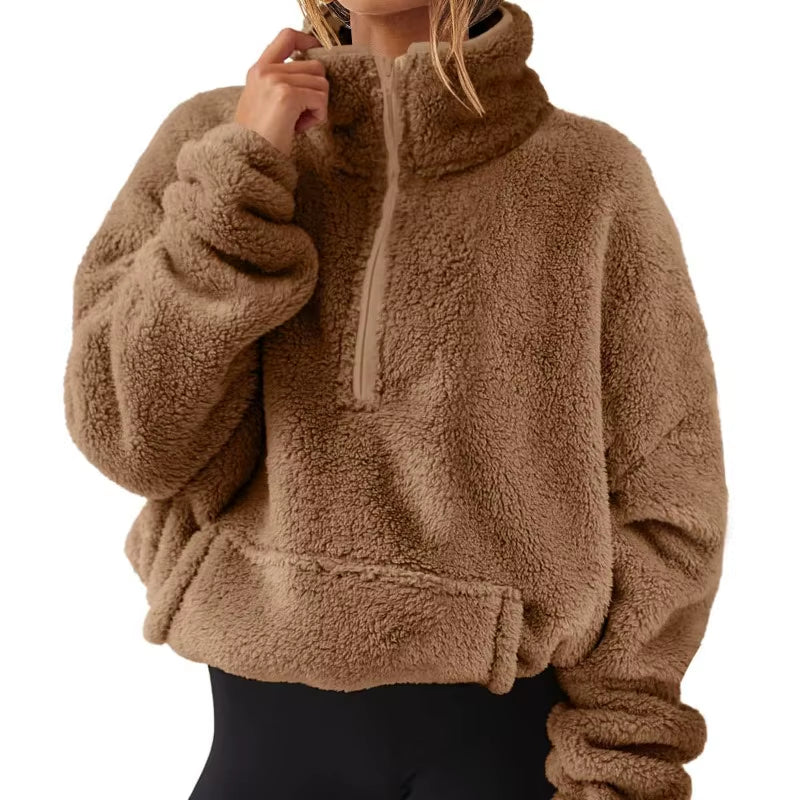 Women'S Autumn Winter Pullover Turtleneck Flocking Zipper Pockets Long Sleeve Hoodies Fashion Loose Office Lady Elegant Tops