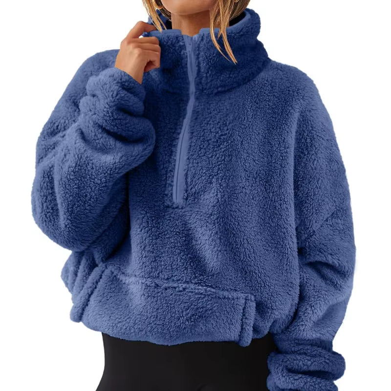 Women'S Autumn Winter Pullover Turtleneck Flocking Zipper Pockets Long Sleeve Hoodies Fashion Loose Office Lady Elegant Tops