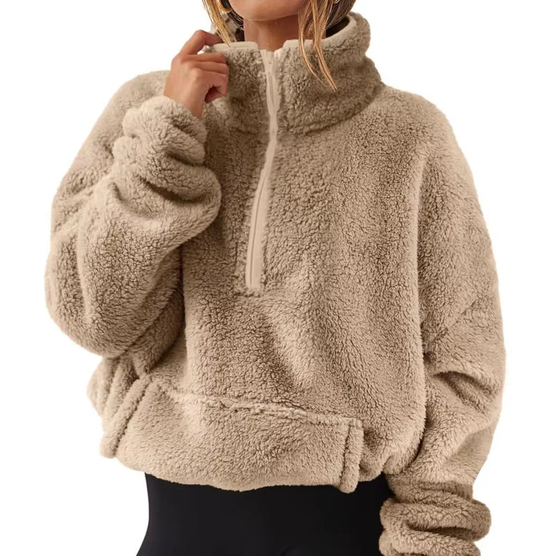 Women'S Autumn Winter Pullover Turtleneck Flocking Zipper Pockets Long Sleeve Hoodies Fashion Loose Office Lady Elegant Tops