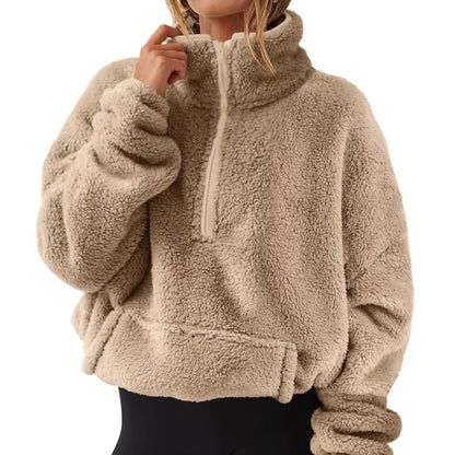 Women'S Autumn Winter Pullover Turtleneck Flocking Zipper Pockets Long Sleeve Hoodies Fashion Loose Office Lady Elegant Tops